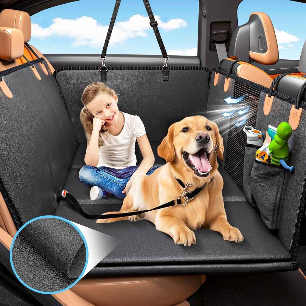 Hard-bottom dog car hammock installed on back seat