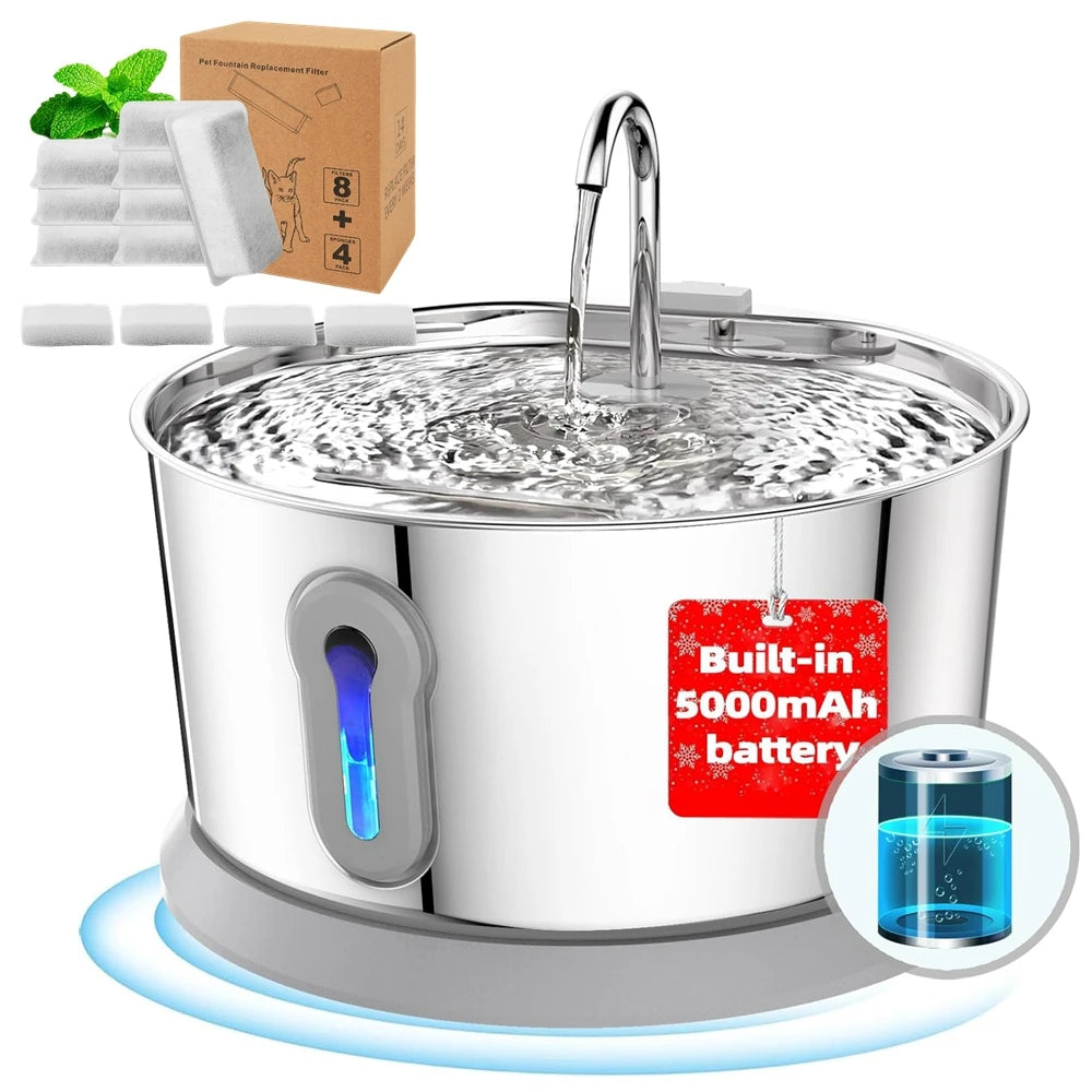 Battery Operated Cat Water Fountain, Wireless 4L/135oz Stainless Steel Dog Cordless Water Dispenser Motion Sensor Quiet Pump