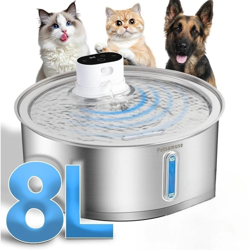 Stainless Steel Dog Water Fountain 8L Battery-Powered, Motion Sensor Wireless Bowl with Quiet Pump & Filter for Cats/Dogs