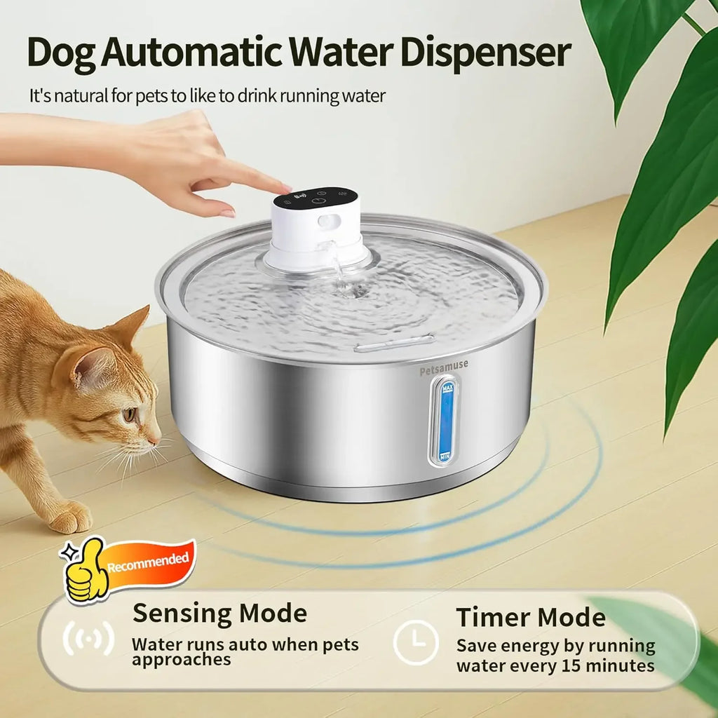Stainless Steel Dog Water Fountain 8L Battery-Powered, Motion Sensor Wireless Bowl with Quiet Pump & Filter for Cats/Dogs