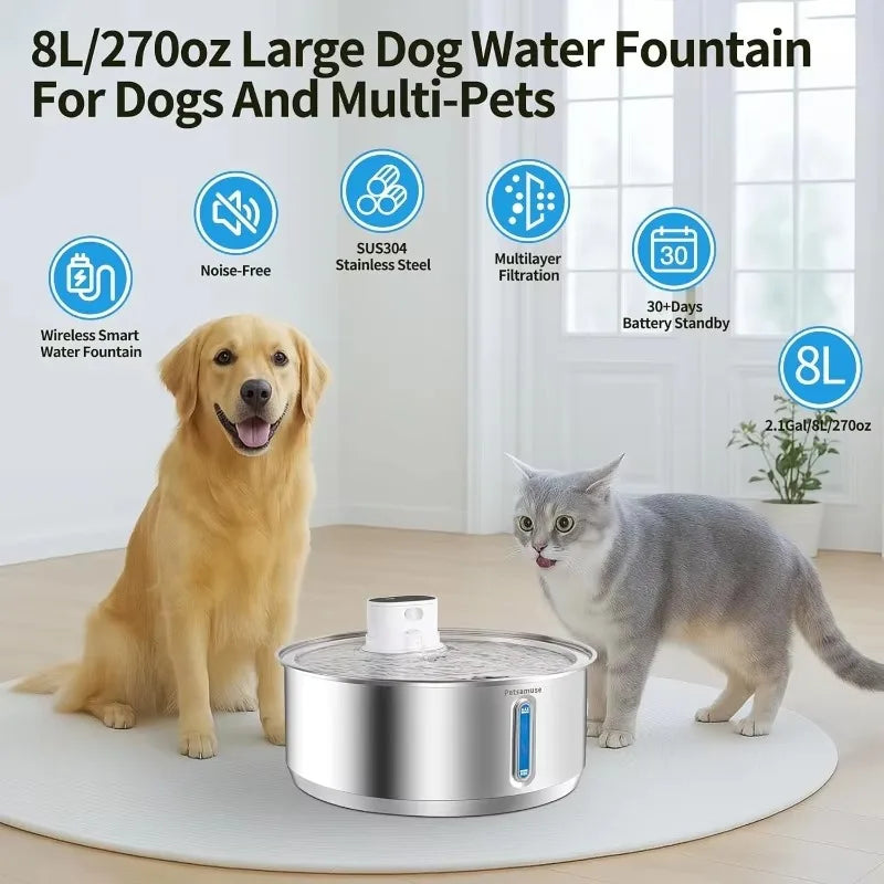 Stainless Steel Dog Water Fountain 8L Battery-Powered, Motion Sensor Wireless Bowl with Quiet Pump & Filter for Cats/Dogs