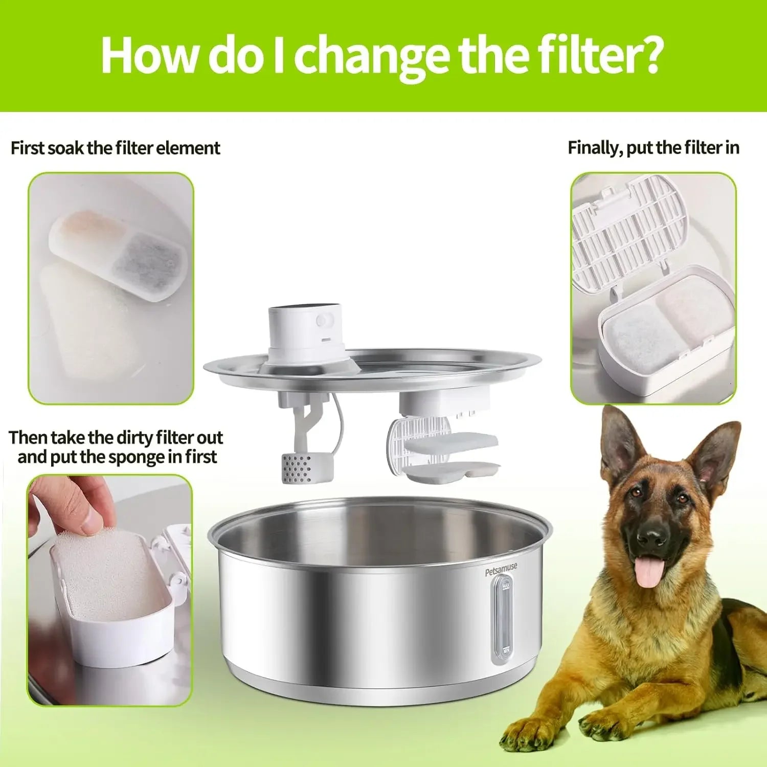 Stainless Steel Dog Water Fountain 8L Battery-Powered, Motion Sensor Wireless Bowl with Quiet Pump & Filter for Cats/Dogs