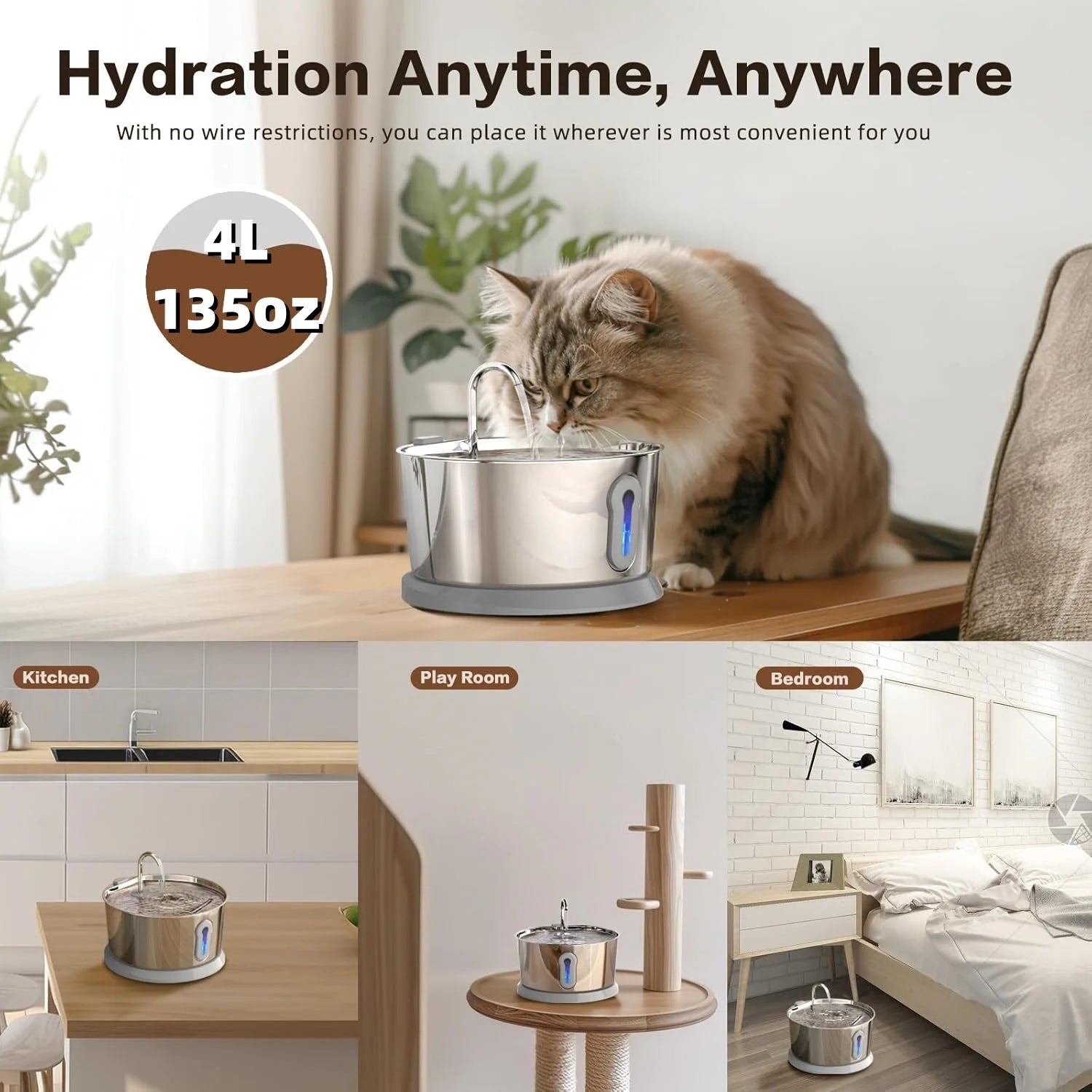 Battery Operated Cat Water Fountain, Wireless 4L/135oz Stainless Steel Dog Cordless Water Dispenser Motion Sensor Quiet Pump