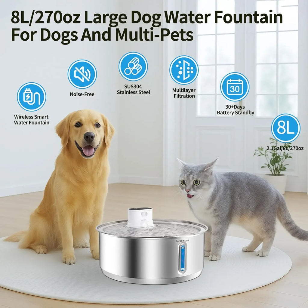 Stainless Steel Dog Water Fountain 8L Battery-Powered, Motion Sensor Wireless Bowl with Quiet Pump & Filter for Cats/Dogs