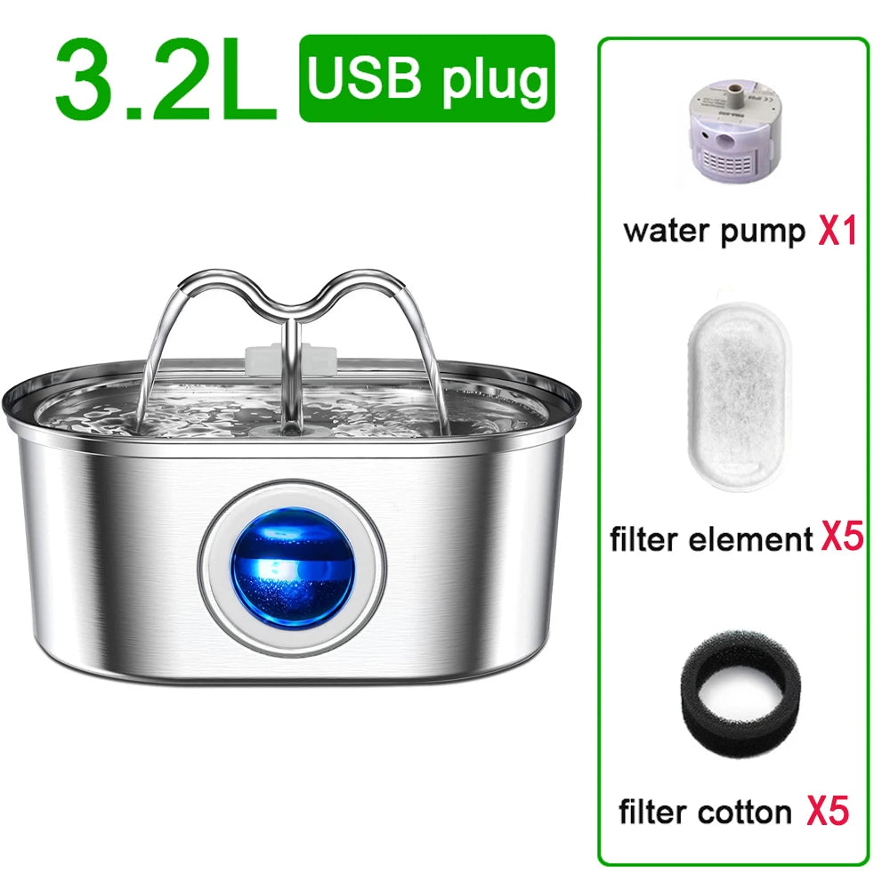 3.2L Stainless Steel Cat Water Fountain Cat Drinker Drinking Fountain For Cats Dogs Pet Water Dispenser Ultra Quiet Water Pump - Pets N Puppies