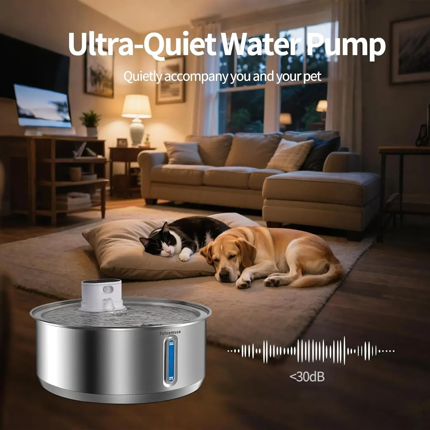 Stainless Steel Dog Water Fountain 8L Battery-Powered, Motion Sensor Wireless Bowl with Quiet Pump & Filter for Cats/Dogs