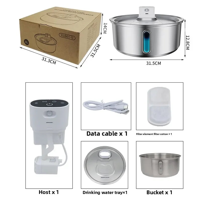 Stainless Steel Dog Water Fountain 8L Battery-Powered, Motion Sensor Wireless Bowl with Quiet Pump & Filter for Cats/Dogs - Pets N Puppies