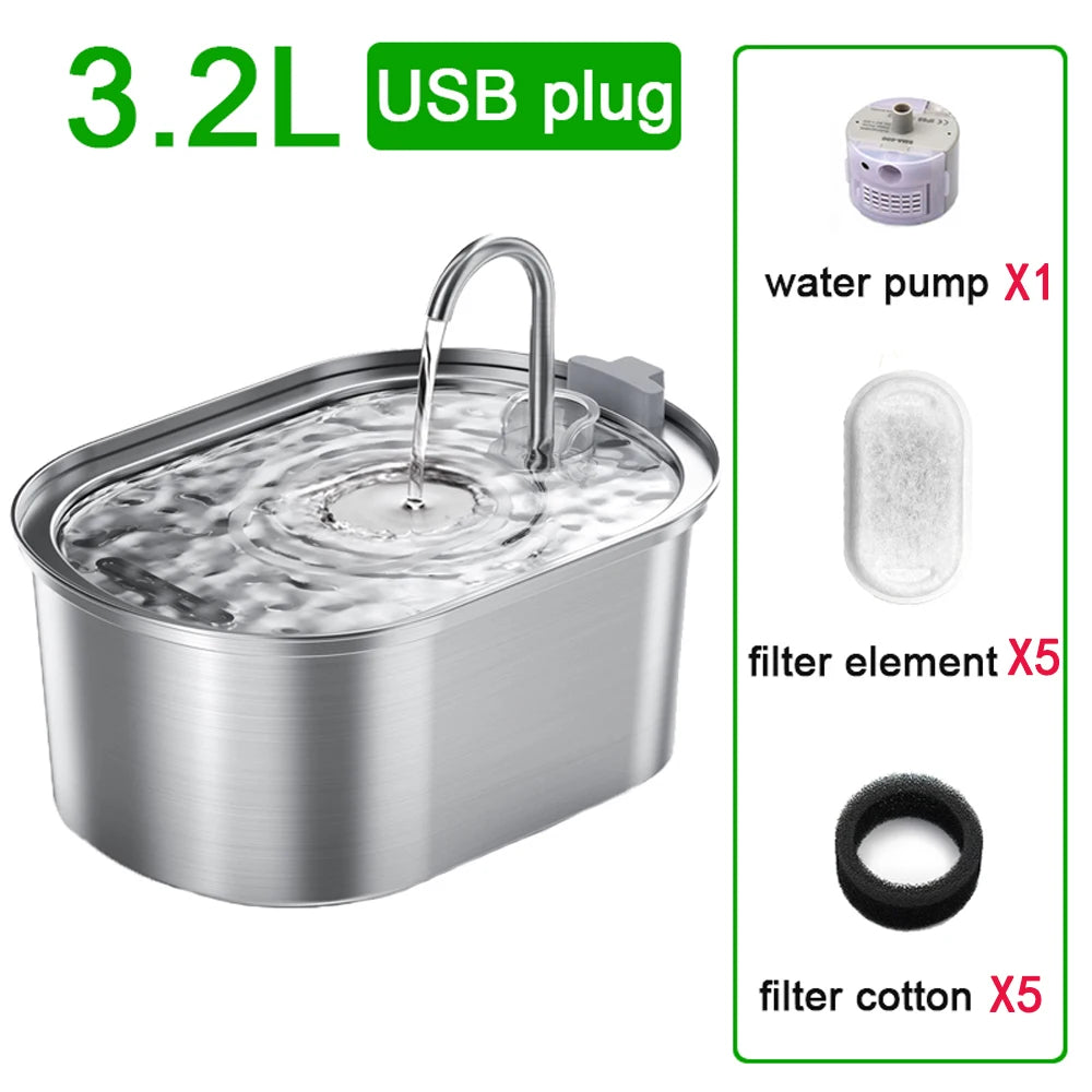 3.2L Stainless Steel Cat Water Fountain Cat Drinker Drinking Fountain For Cats Dogs Pet Water Dispenser Ultra Quiet Water Pump - Pets N Puppies
