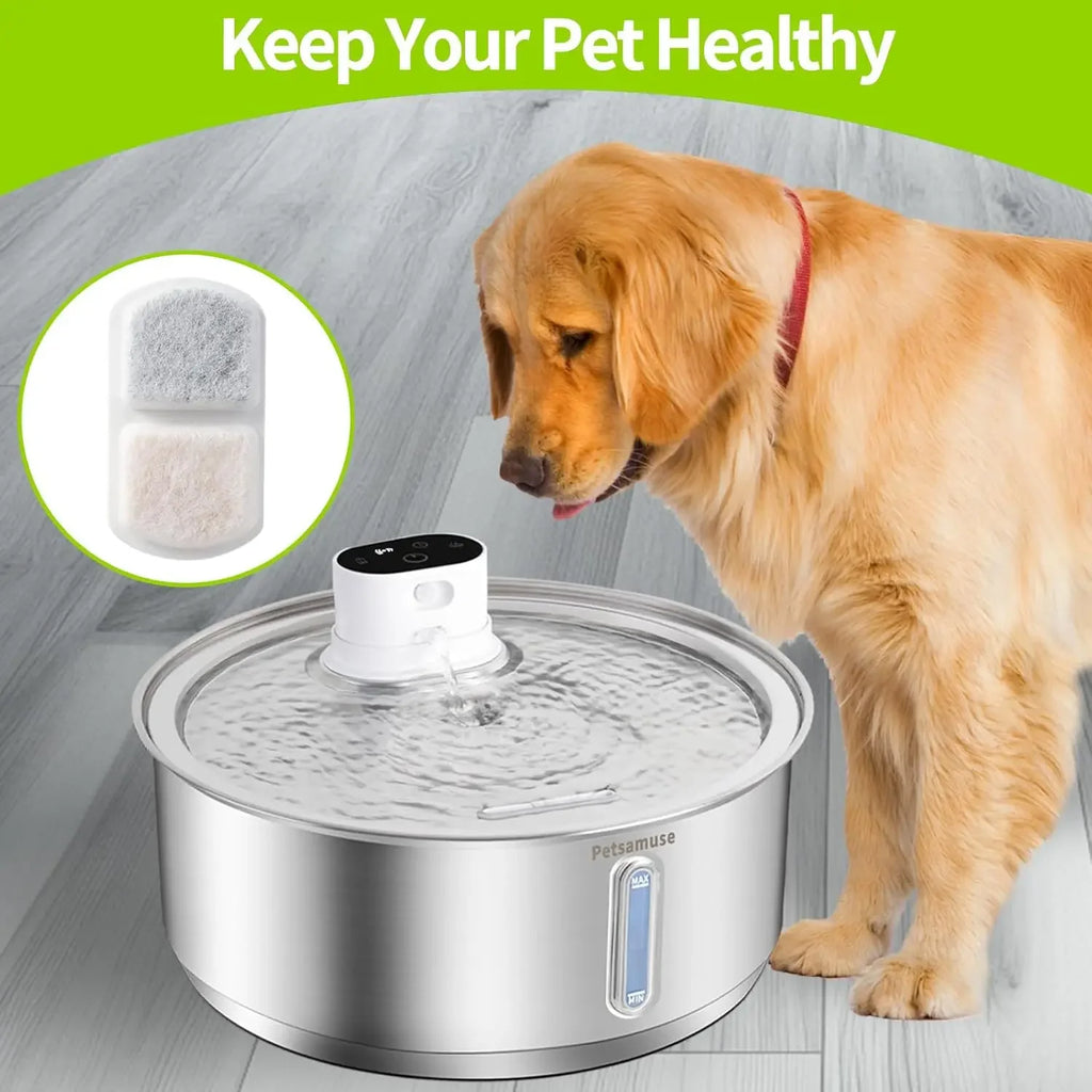 Stainless Steel Dog Water Fountain 8L Battery-Powered, Motion Sensor Wireless Bowl with Quiet Pump & Filter for Cats/Dogs