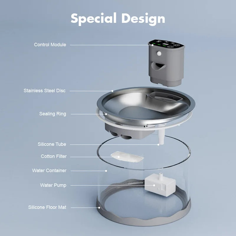 Modern Stainless Steel Cat Water Fountain Wireless Super Mute Pet Drinking Water Feeder Automatic Battery Powered Solid Pattern