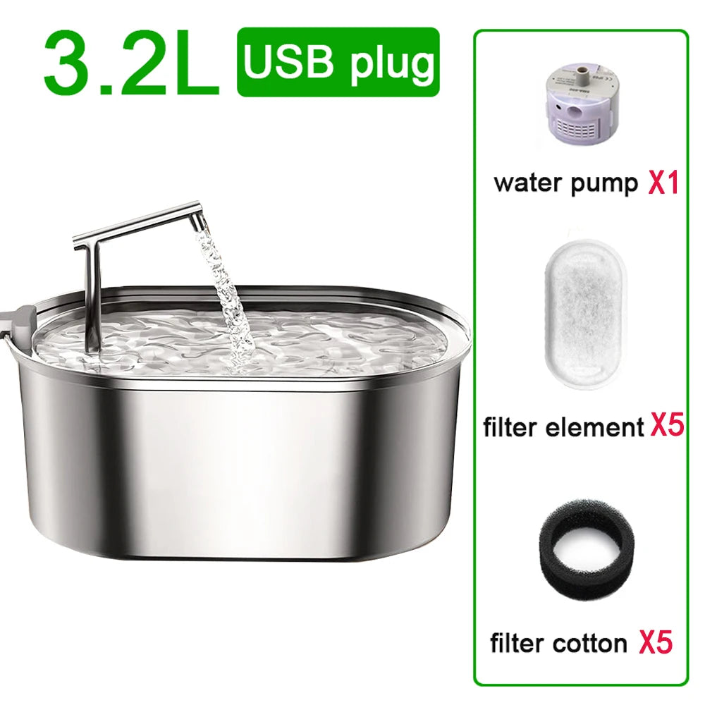 3.2L Stainless Steel Cat Water Fountain Cat Drinker Drinking Fountain For Cats Dogs Pet Water Dispenser Ultra Quiet Water Pump - Pets N Puppies