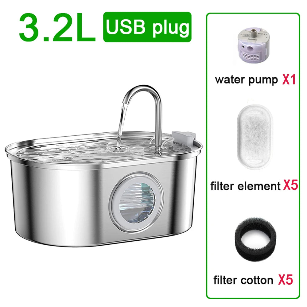 3.2L Stainless Steel Cat Water Fountain Cat Drinker Drinking Fountain For Cats Dogs Pet Water Dispenser Ultra Quiet Water Pump