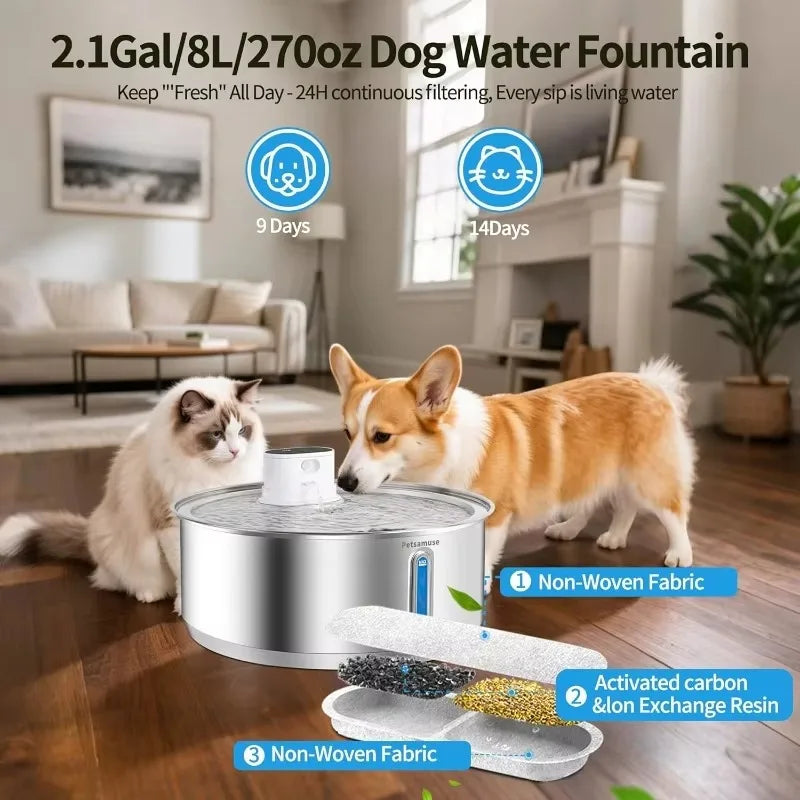 Stainless Steel Dog Water Fountain 8L Battery-Powered, Motion Sensor Wireless Bowl with Quiet Pump & Filter for Cats/Dogs