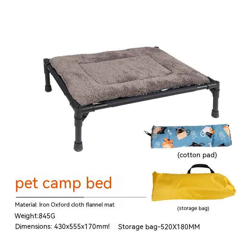 Portable raised dog bed frame and fabric detail