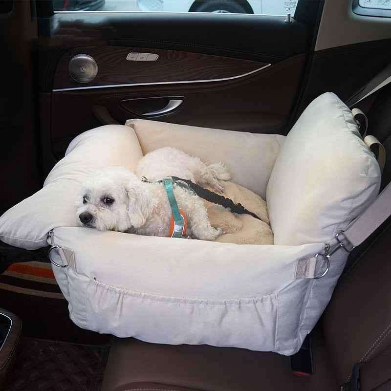 Padded dog car seat bed in beige